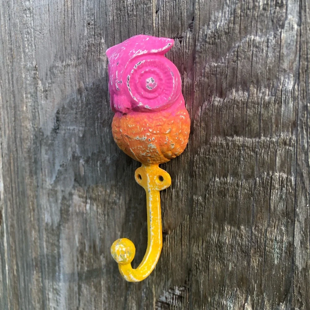 Upcycled Pink Orange and Yellow Cast Iron Owl Hook